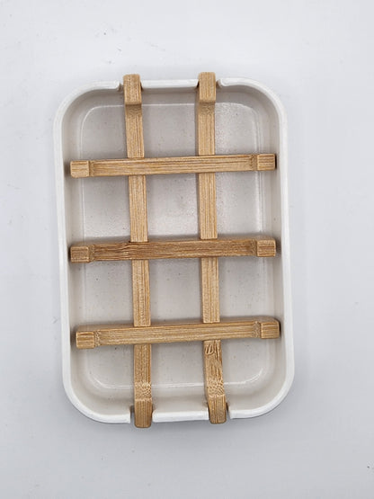 Soap Dish - Bamboo Fiber and Bamboo Wood Insert - White