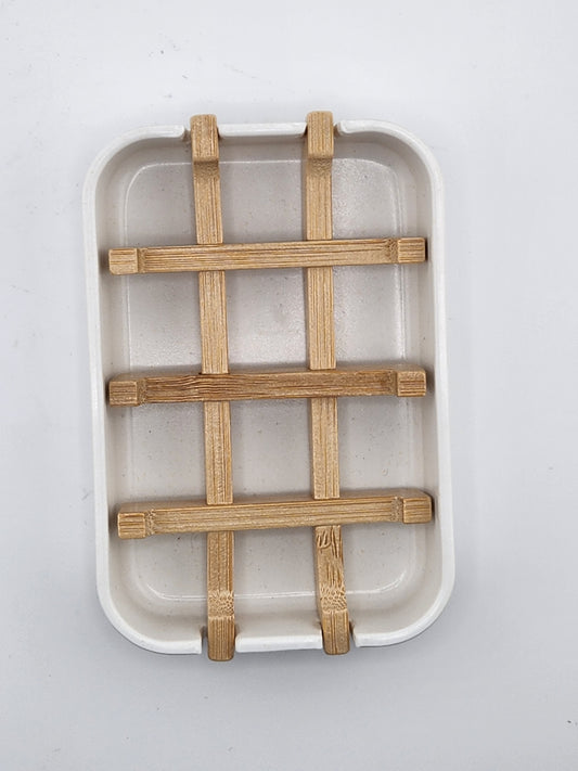 Soap Dish - Bamboo Fiber and Bamboo Wood Insert - White